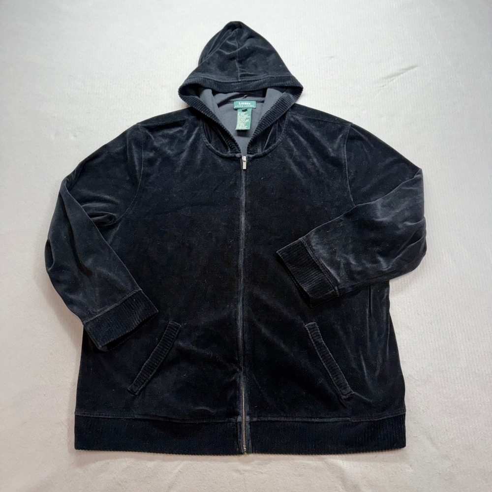 Lauren Ralph Lauren Hoodie Womens 3X Black Velour Full Zip Sweatshirt